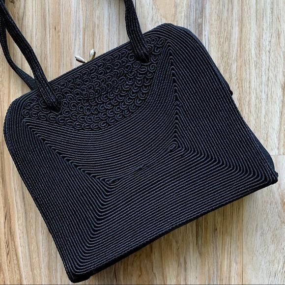 VINTAGE 1940s Black Corde Handbag by Gold Seal - Retro Handbag - Picture 2 of 15
